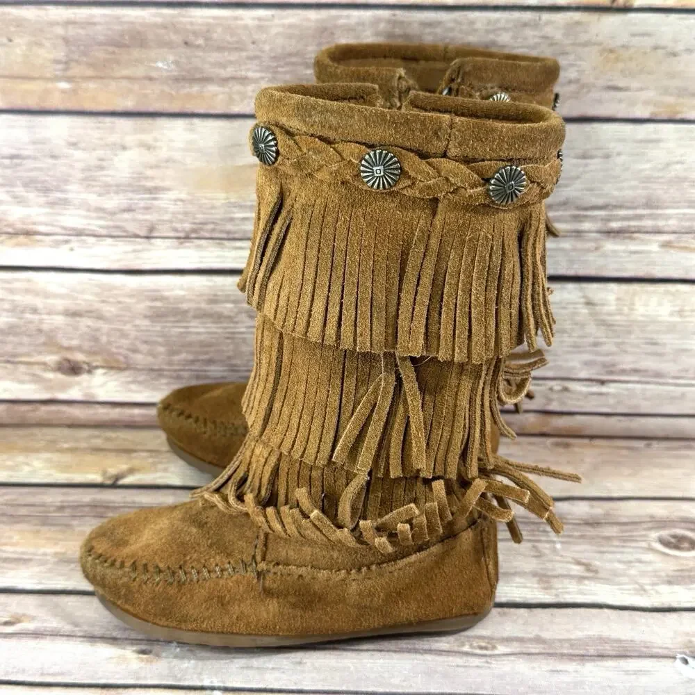 Minnetonka Toddler Girls Brown Suede Fringed Moccasin Boots 8